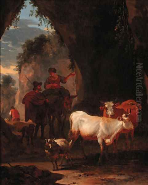 Peasants with cattle on a rocky pass Oil Painting by Nicolaes Berchem