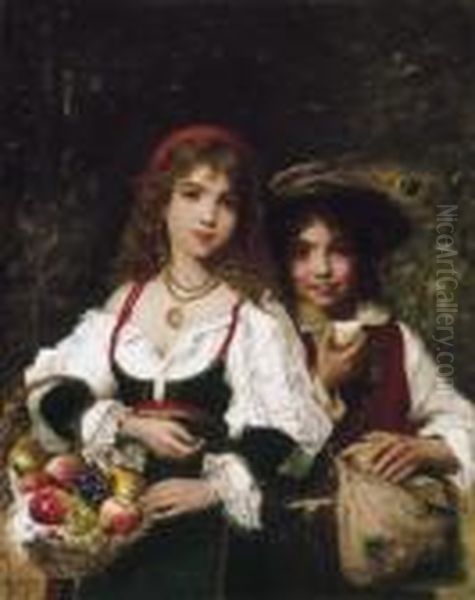 Fruit Sellers, About 1880 Oil Painting by Lajos Bruck