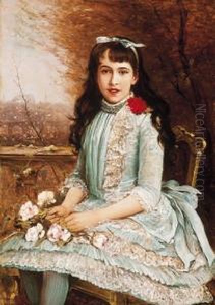 Girl In Blue Dress, With Roses Oil Painting by Lajos Bruck