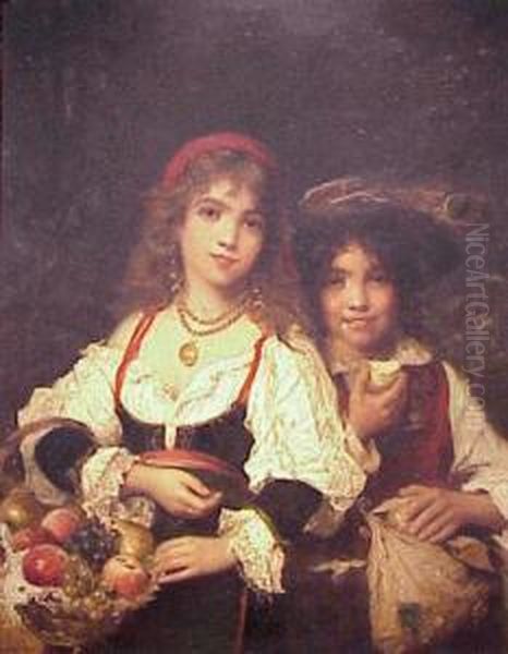 Two Young Girls With Fruit Oil Painting by Lajos Bruck