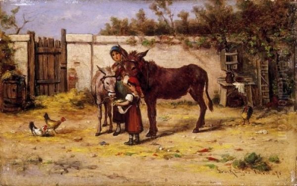 Girls With Donkeys Oil Painting by Lajos Bruck