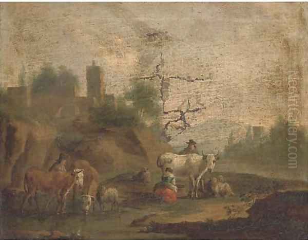 A landscape with a milkmaid, cattle and other figures by a river Oil Painting by Nicolaes Berchem