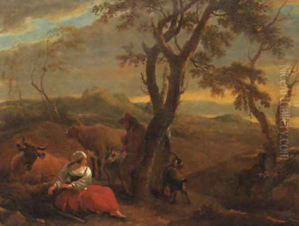 A peasantwoman resting at the foot of a tree in an Italianate landscape, at sunset Oil Painting by Nicolaes Berchem