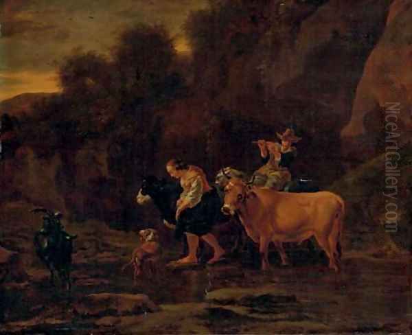 A shepherd and shepherdess with cattle in a landscape Oil Painting by Nicolaes Berchem