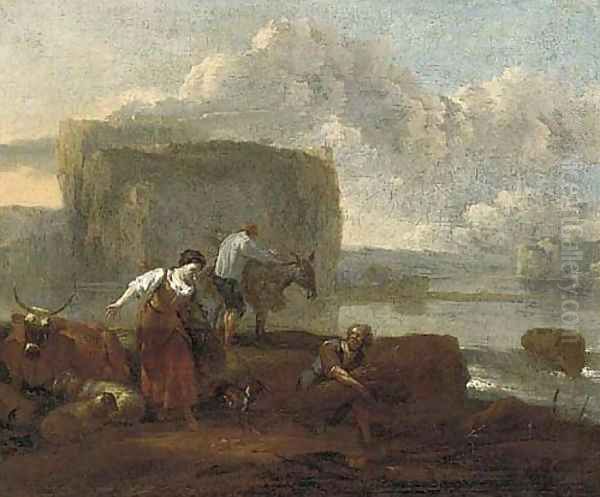 A shepherdess and farm labourers by a lake, a hilltop village beyond Oil Painting by Nicolaes Berchem