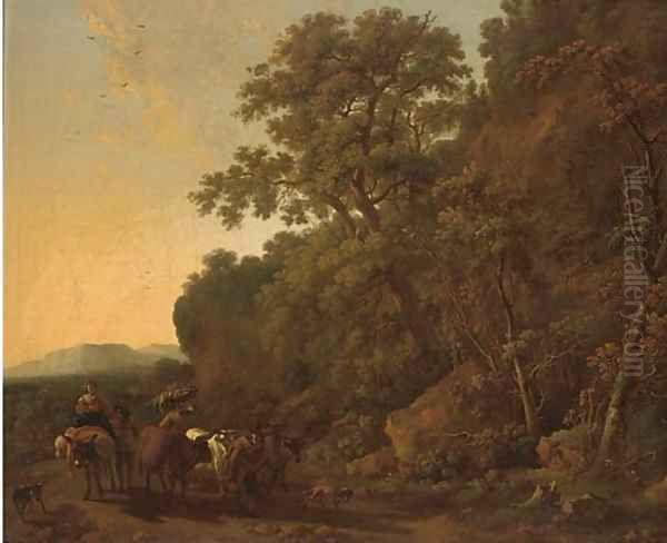 A wooded landscape with a drover and his cattle with other travellers on a track Oil Painting by Nicolaes Berchem