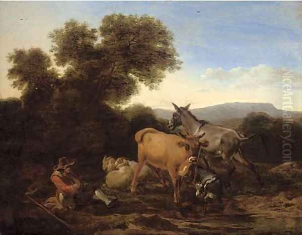 A wooded landscape with a shepherd and his flock resting Oil Painting by Nicolaes Berchem