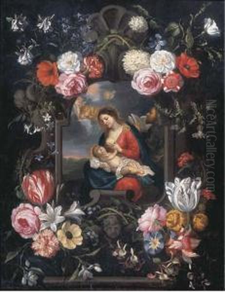 The Virgin And Child In A Carved Stone Cartouche Surrounded Byflowers Oil Painting by Jan Peeter Brueghel