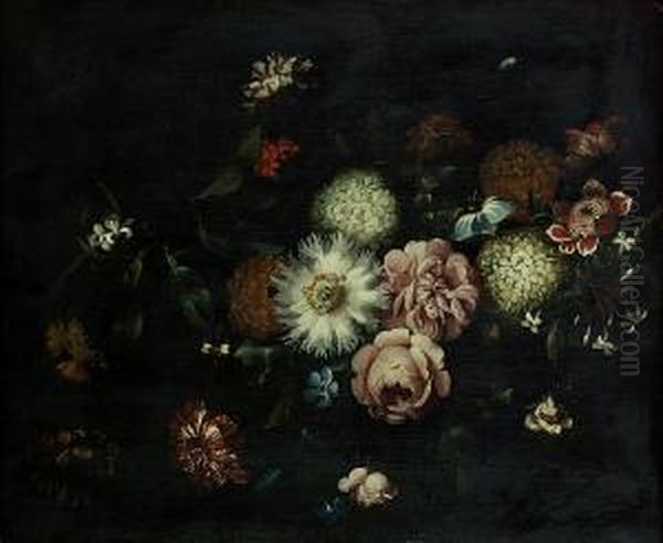 A Passion Flower, Honeysuckle, 
Carnations, Roses And Other Flowers On A Stone Ledge With A Butterfly Oil Painting by Jan Peeter Brueghel