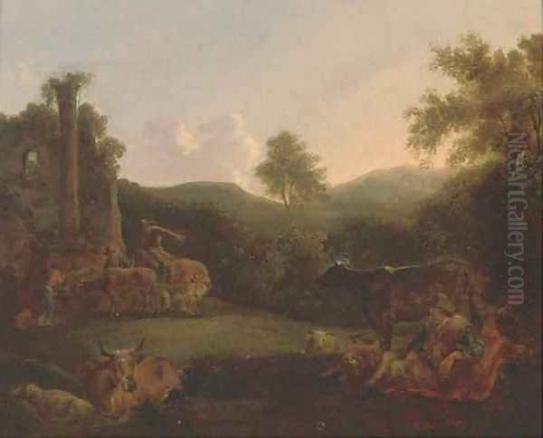 A wooded landscape with a shepherd resting with his flock and drovers and their cattle by classical ruins Oil Painting by Nicolaes Berchem