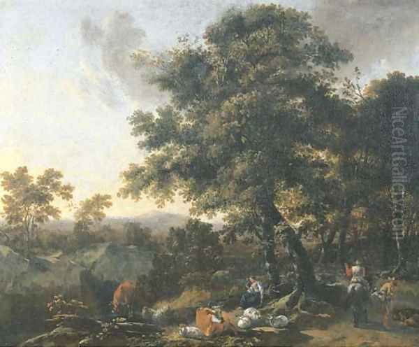 A wooded mountainous landscape with travellers and herdsmen on a track Oil Painting by Nicolaes Berchem