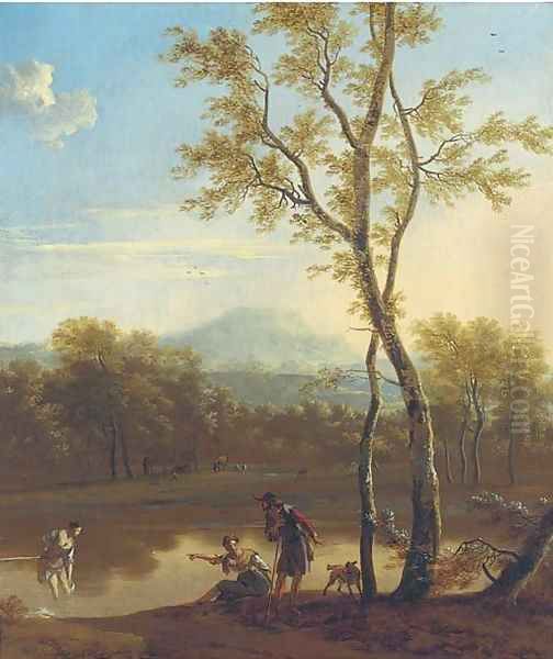 A wooded river landscape with an Arcadian scene Oil Painting by Nicolaes Berchem