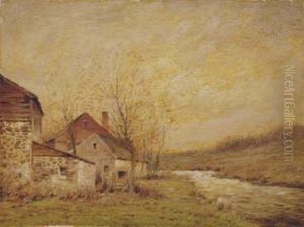 Farmhouse By A Stream Oil Painting by George Matthew Bruestle