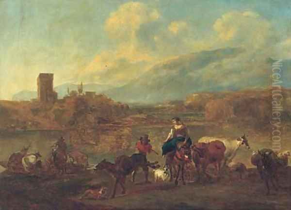 An Italianate landscape with cattle, drovers and travellers crossing a ford, a village beyond Oil Painting by Nicolaes Berchem