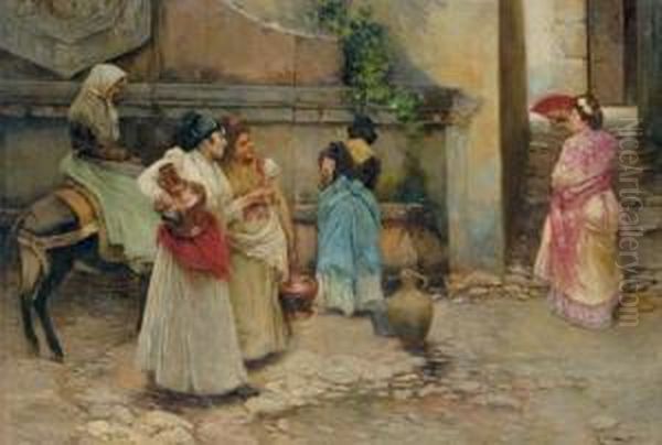 Mujeres Sacando Agua De Un Pozo (women Gathering Water At A Well) Oil Painting by Ricardo Brugada y Panizo