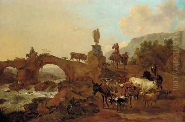 An Italianate landscape with drovers and their cattle crossing a bridge Oil Painting by Nicolaes Berchem