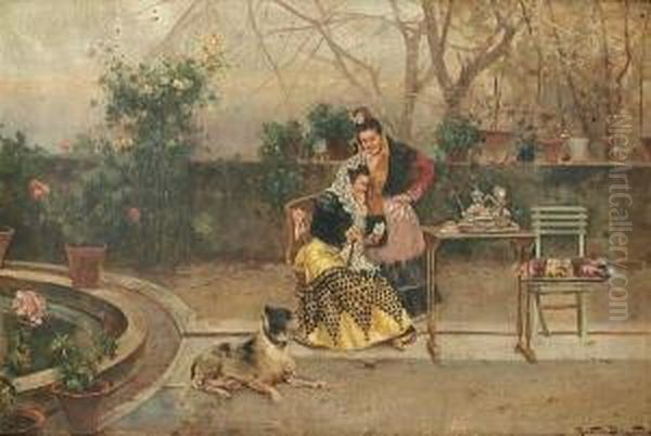 Tea In The Garden Oil Painting by Ricardo Brugada y Panizo