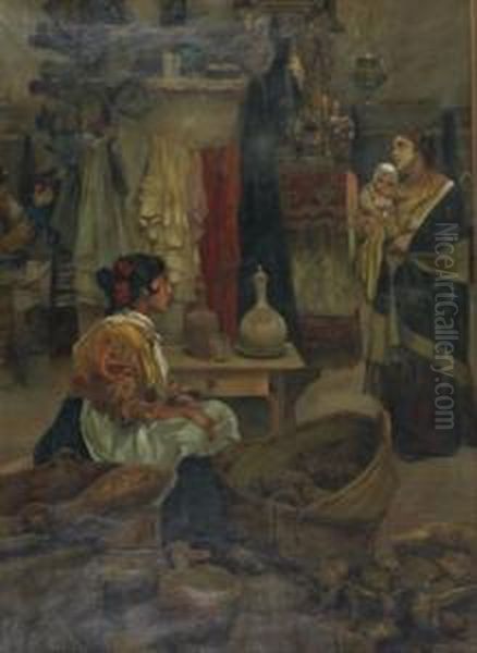 Mother And Child In A Kitchen Interior Oil Painting by Ricardo Brugada y Panizo