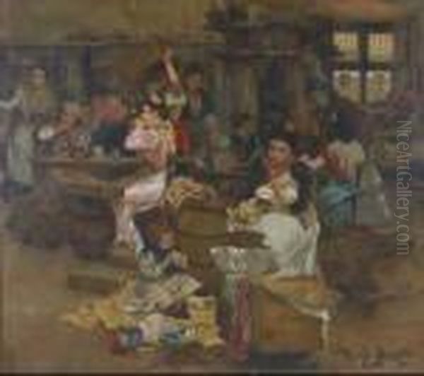 A Busy Kitchen Interior With Women Working Oil Painting by Ricardo Brugada y Panizo