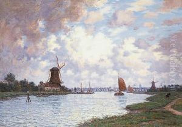 Moulin Au Bord Du Fleuve Pres De Dordrecht Oil Painting by Victor Brugairolles