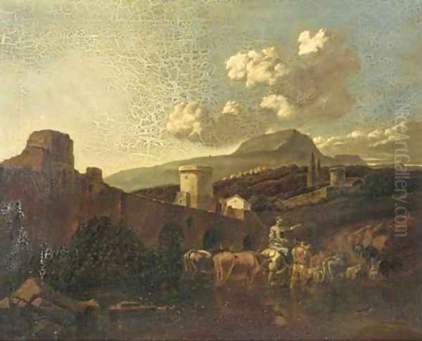 An Italianate landscape with drovers and their cattle fording a river Oil Painting by Nicolaes Berchem