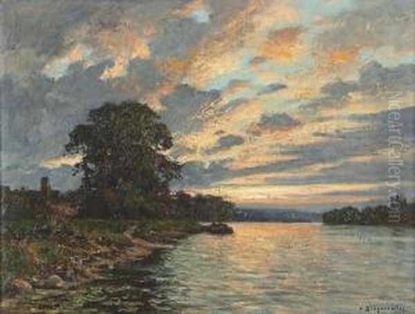 Abendliche Flussuferpartie. Oil Painting by Victor Brugairolles