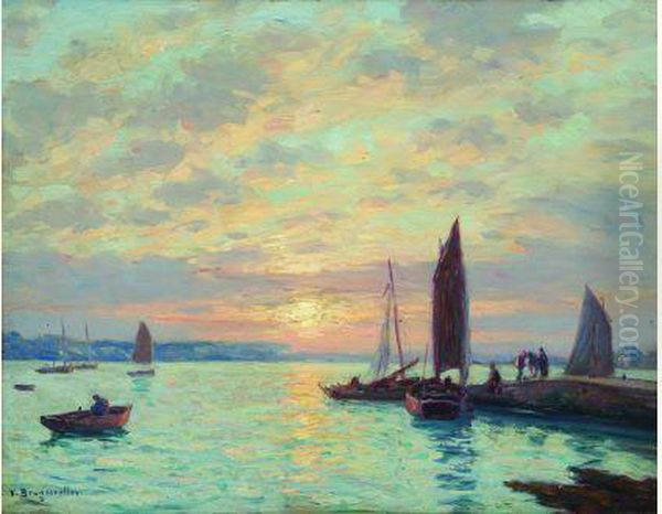  Coucher De Soleil Sur Le Port De Loctudy  Oil Painting by Victor Brugairolles