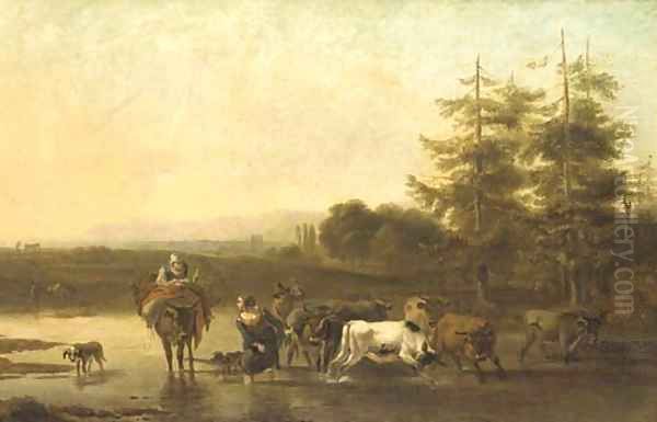 An Italianate landscape with drovers fording a river Oil Painting by Nicolaes Berchem