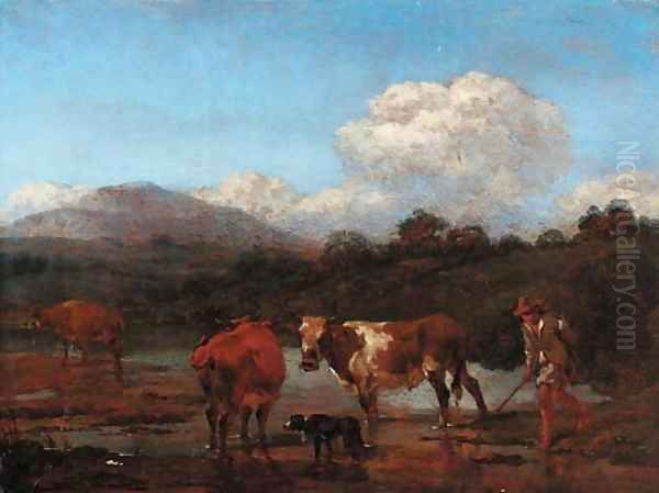 An Italianate landscape with herdsmen and cattle at a pool Oil Painting by Nicolaes Berchem