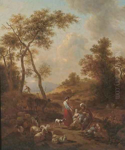 An Italianate landscape with Jacob, Leah and Rachel Oil Painting by Nicolaes Berchem