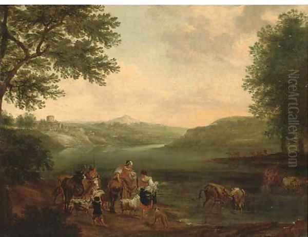 An Italianate landscape with peasants and their cattle fording a river Oil Painting by Nicolaes Berchem