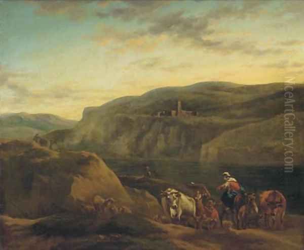 An Italianate landscape with shepherds and their flocks Oil Painting by Nicolaes Berchem