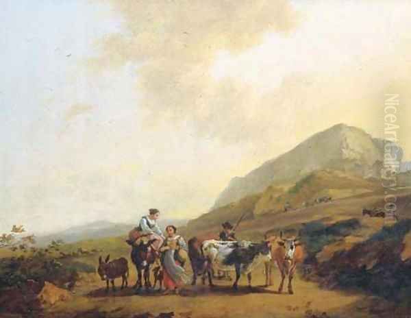 An Italianate landscape with two women and a shepherd and his cattle Oil Painting by Nicolaes Berchem