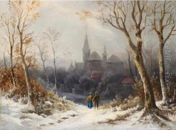 Figures In A Wintry Landscape, A Church Beyond Oil Painting by Colestin Brugner