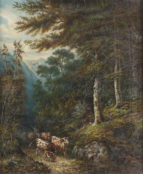 Hirte Mit Viehherde Auf Einem Waldweg. Oil Painting by Colestin Brugner