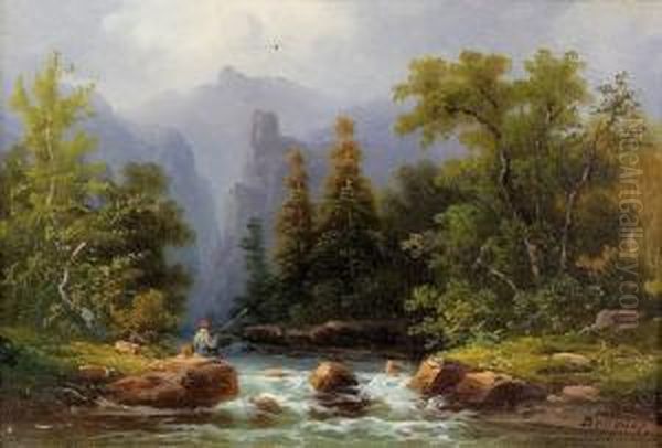 Zwei Partien In Den Alpen. Oil Painting by Colestin Brugner