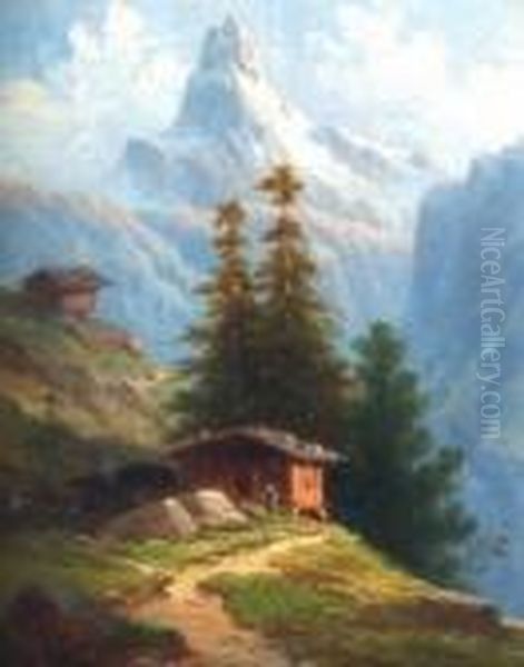 Alpenlandschaft Mit Berghutten Und Einer Frau Davor Oil Painting by Colestin Brugner