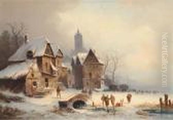 Skaters By A German Hamlet Oil Painting by Colestin Brugner