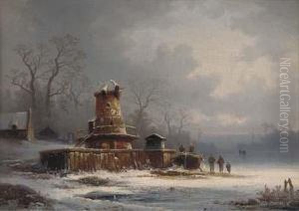 Figures By A Mill On A Frozen Waterway Oil Painting by Colestin Brugner