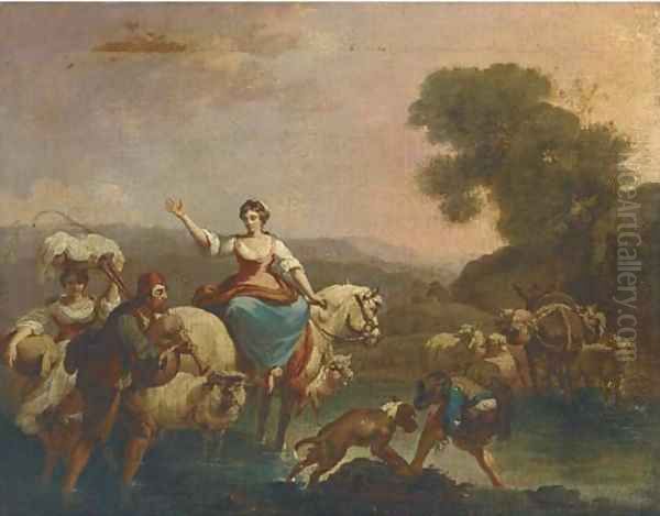 An Italianate river landscape with a shepherd and his flock and travellers Oil Painting by Nicolaes Berchem