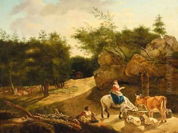 Figures with a horse, bull and sheep watering by a wooded track Oil Painting by Nicolaes Berchem