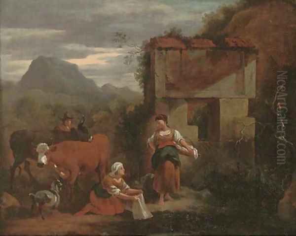 Peasants with cattle, a mountainous landscape beyond Oil Painting by Nicolaes Berchem