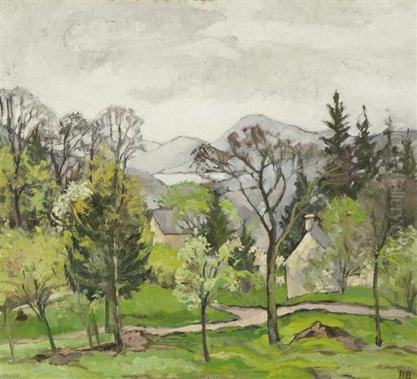 Spring Landscape With Chain Of Mountains In The Background Oil Painting by Hans Bruhlmann