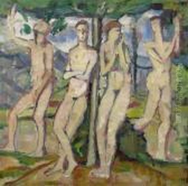 Four Figures In A Landscape. Oil On Canvas. Monogrammed Lower Right: Hb. Oil Painting by Hans Bruhlmann