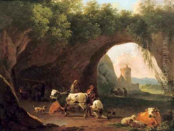 Peasants with their cattle and sheep by the entrance to a grotto Oil Painting by Nicolaes Berchem