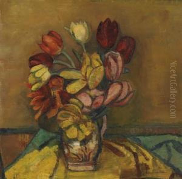 Tulpenstrauss In Henkelkrug Oil Painting by Hans Bruhlmann