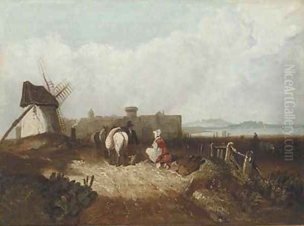 Figures resting by a windmill, a fortified town beyond Oil Painting by Richard Parkes Bonington