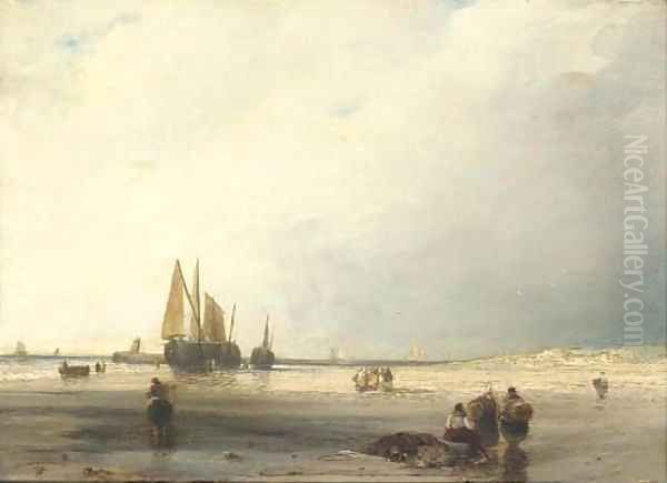 Fisherfolk on a beach at low tide Oil Painting by Richard Parkes Bonington