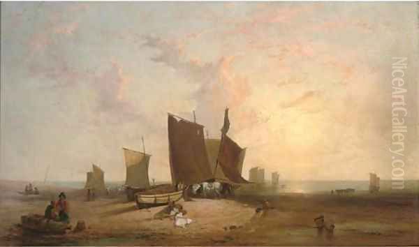 Low tide, fisherfolk on a beach unloading the catch Oil Painting by Richard Parkes Bonington