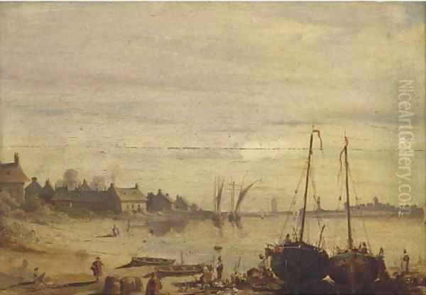 Low-tide off a fishing village Oil Painting by Richard Parkes Bonington